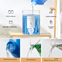 Carica l'immagine nel visualizzatore di Gallery, Erogatore per detersivo in vetro con ripiano e coperchio in bambù, 3,5 L, per detersivo liquido, sapone e ammorbidente per lavatrice per la lavanderia con 2 misurini e 8 etichette