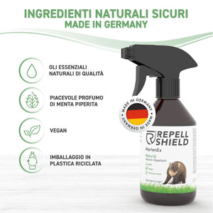 RepellShield Spray Repellente per Topi e Martore, 250ml - Alternativa a Ultrasuoni per Topi Auto - Spray Dissuasore per Topi da Soffitta, Cantina, Giardino - Protegge i Cavi dell’Auto dalle Martore