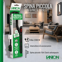 Carica l'immagine nel visualizzatore di Gallery, FANTON 47403 Multipresa SLIM 1,5 metri 3 prese bipasso, interruttore di sovraccarico con spina piccola CLOCK utile per p