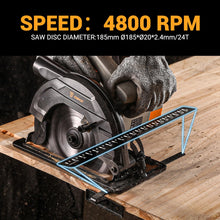 Carica l'immagine nel visualizzatore di Gallery, Sega circolare per legno Sierra Circular 1200W: DEKOPRO Sega circolare con binario guida, Hoja de sierra Ø185mm(24T), Profondità massima di taglio 65mm (90°), 43mm (45°), Ideale per Tagliare Legno