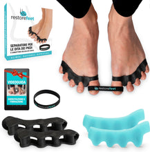 Carica l'immagine nel visualizzatore di Gallery, RestoreFeet Separatore Dita Piedi con Fascia Anti Alluce Valgo – 2 Paia (Nero + Azzurro) + Banda Nera – Confezione con V