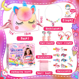 ZLPBAO 20pc Unicorno Bambina Regalo, Regalo Bambina 3 4 5 6 Anni Unicorno Regalo Borsetta Set per Capelli Mollette Ragazze Arcobaleno Collana Bracciale Anello Orecchino Travestimenti e Giochi di Ruolo