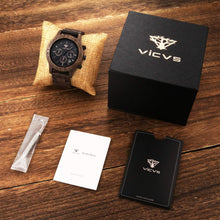Carica l'immagine nel visualizzatore di Gallery, VICVS Orologio da uomo in legno, orologio da uomo Pterocarpus soyauxii in noce nero, cronografo multifunzione con cinturino in legno, adatto a qualsiasi polso (Walnut)