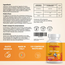 Carica l'immagine nel visualizzatore di Gallery, Vitamina C D Zinco, Masticabile gusto Arancia, per Bambini ed Adulti, Vitamina C 1000mg, Vitamina D3 2000 UI e Zinco 5mg in 2 cpr, WE Salus