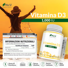 Carica l'immagine nel visualizzatore di Gallery, Vitamina D3 1000UI - 365 Capsule Softgel - 1 Anno di Scorta - Integratore di Vitamina D - Colecalciferolo ad Alta Biodisponibilità - Facili da Deglutire - Nu U Nutrition