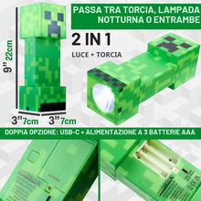 Carica l'immagine nel visualizzatore di Gallery, Get Trend Minecraft Creeper Notturna Torce Bambini, 2-in-1 Torcia e Lampada Gamer, Torcia con 3 Modalità, Alimentato Tra