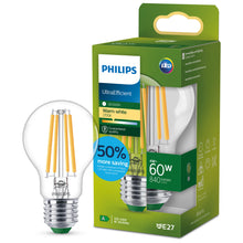 Carica l'immagine nel visualizzatore di Gallery, PHILIPS Ultra Efficient - Ultra energy saving lights, E27 LED light source, 60W, A60, warm white, pack of 1, clear