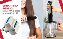 Carica l'immagine nel visualizzatore di Gallery, Adattatore spina tripla con spina piccola 10A e prese bivalenti 10 16A colore bianco con marchio CE 1500W