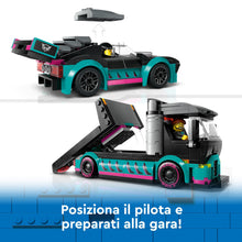 Carica l&#39;immagine nel visualizzatore di Gallery, LEGO City Auto da Corsa e Trasportatore, Macchina e Camion Giocattolo per Bambini e Bambine da 6 Anni, Veicolo da Costruire con Rampa Funzionante, Minifigure del Pilota e del Camionista 60406