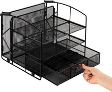 Carica l'immagine nel visualizzatore di Gallery, Amazon Basics Rettangolare Organizer da scrivania con 3 ripiani, cassetto a scorrimento e scomparto per appendere i documenti, Nero