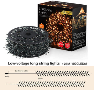 Avoalre Luci di Natale 1000 LEDs 25M, Catena Luminosa 8 Modalità Impermeabile IP44 Luci Albero di Natale Decorative per Interno Esterno Natale Atmosfera Romantica Camera Festa Nozze, Bianco Caldo