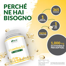 Carica l'immagine nel visualizzatore di Gallery, Vitamina D3 1000UI - 365 Capsule Softgel - 1 Anno di Scorta - Integratore di Vitamina D - Colecalciferolo ad Alta Biodisponibilità - Facili da Deglutire - Nu U Nutrition