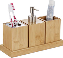 Carica l'immagine nel visualizzatore di Gallery, Relaxdays Set Bagno, Confezione 4 Accessori in bambù, Portaspazzolino, Porta Dentifricio, Portasapone &amp; Vassoio,Naturale