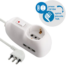 Carica l'immagine nel visualizzatore di Gallery, Electraline 62023 Multipresa Protetta, Cavo da 1 m, 3G0.75, Spina 10 A, Prese 1 Italiana/Tedesca e 2 Bipasso 10/16A, Int