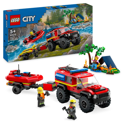 LEGO City Fuoristrada Antincendio e Gommone di Salvataggio, Camion dei Pompieri Giocattolo per Bambini e Bambine da 5 Anni, Rimorchio per Barca, 2 Minifigure Vigili del Fuoco e 1 Campeggiatore 60412