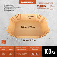 Carica l'immagine nel visualizzatore di Gallery, PORTENTUM Carta forno per friggitrice ad aria, 100 unità quadrate 20–24 cm, adatte a modelli 5–8 L