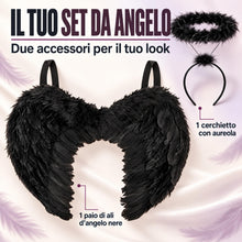 Carica l'immagine nel visualizzatore di Gallery, Ali Angelo Nero con Aureola, Ali Nere Piume Adulto, Costume Halloween Donna