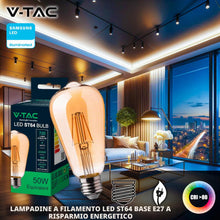 Carica l'immagine nel visualizzatore di Gallery, V-TAC 2x Lampadina LED Filamento Ambrata ST64 con Attacco E27-8W (Equivalenti a 50W) - 720 Lumen - Lampadine Vintage Ret