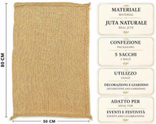Carica l'immagine nel visualizzatore di Gallery, IPEA Sacchi in Juta di Grandi Dimensioni – 80 x 50 cm – 5 PEZZI – Sacco in Tessuto Vera Iuta per Fai da Te, Arredamento,