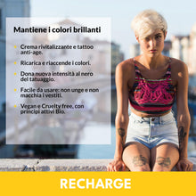 Carica l'immagine nel visualizzatore di Gallery, Tattoolicious RECHARGE 100 ml – Crema Rivitalizzante e Anti-Age per Tatuaggi | Neri e Colorati | Con Ingredienti Naturali e Principi Attivi Bio, Vegan, Cruelty Free, Derma Tested | Made in Italy