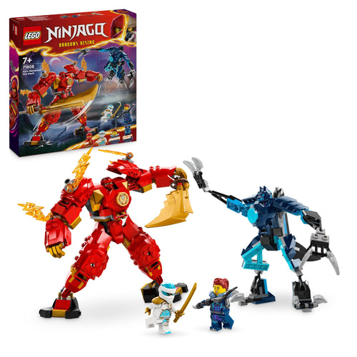 LEGO NINJAGO Mech Elemento Fuoco di Kai, Giochi d'Azione per Bambini e Bambine da 7 Anni, 2 Action Figure Snodabili da Costruire, Giocattolo Ninja Personalizzabile con 4 Minifigure tra cui Zane 71808