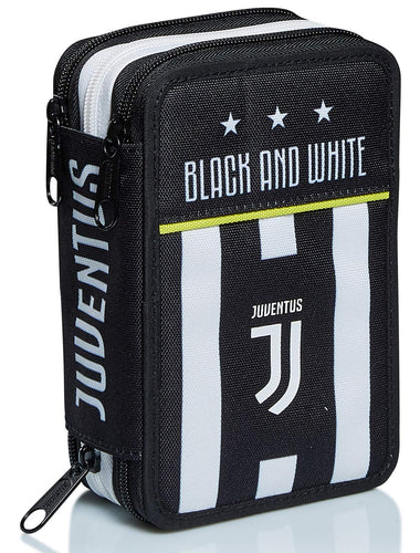 Seven Astuccio Scuola Juventus 3 Zip, Bianco Nero, Triplo Scomparto Completo di Matite, Penne e Pennarelli, Accessori Juventus Scuola, Accessori per Zaino Bambini e ragazzi