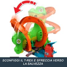 Carica l'immagine nel visualizzatore di Gallery, Hot Wheels T-Rex Battaglia Infuocata con macchinina in Scala 1:64