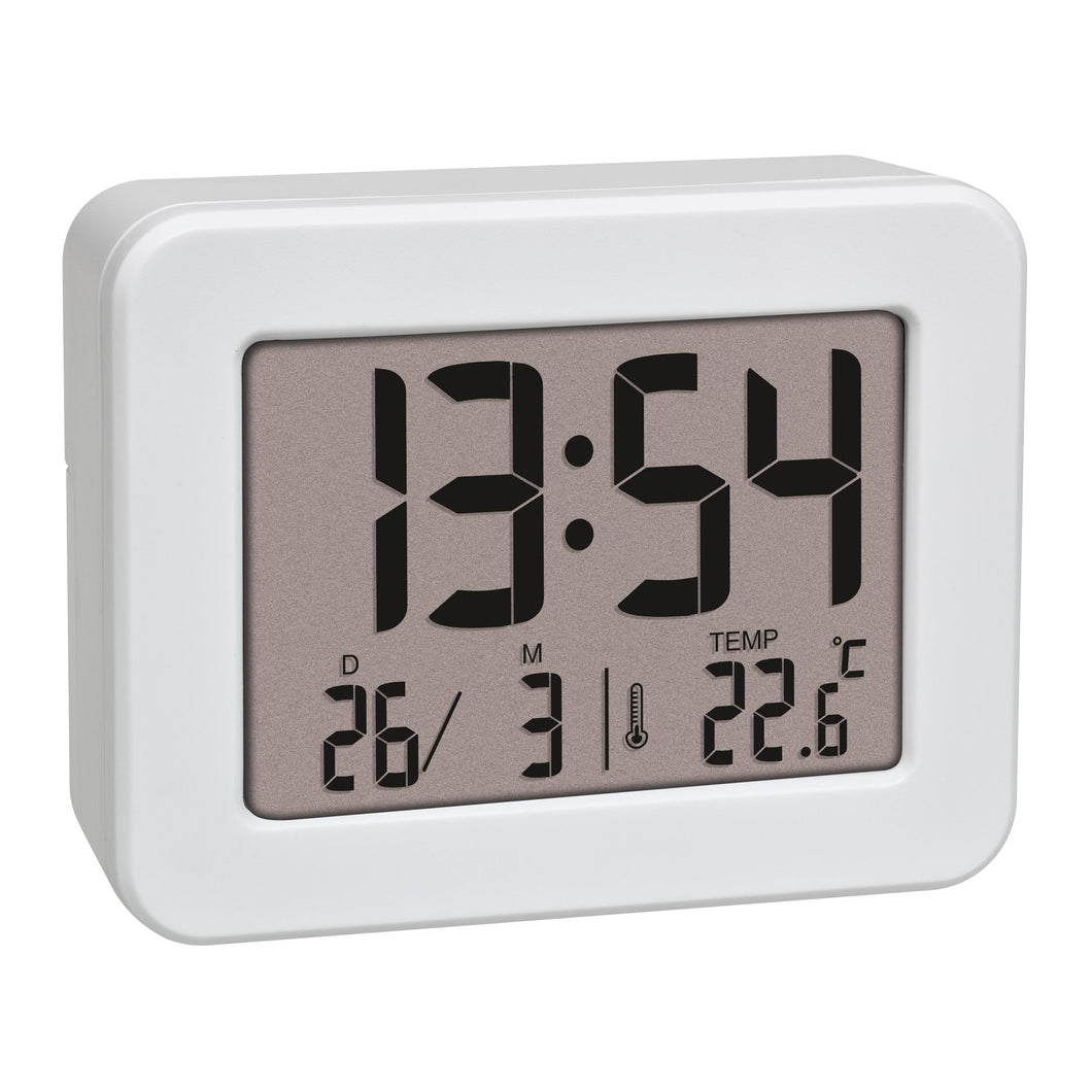 TFA Dostmann Mini sveglia con temperatura, 60.2044.02, orologio da tavolo, funzionamento a batteria, con data e termometro interno, sveglia da viaggio, piccolo, bianco