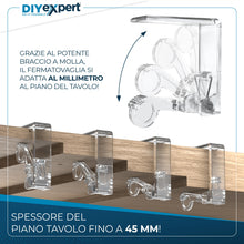 Carica l'immagine nel visualizzatore di Gallery, DIYexpert Fermatovaglia Trasparenti Made in Germany [4 Pezzi] – Clip Robuste per Tavoli Spessi Fino a 45 mm – Resistenti