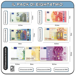 EIGHT4TWO® Confezione da 175 Banconote di Soldi Giocattolo - Composto da 25 Banconote da 5, 10, 20, 50, 100, 200 e 500 euro falsi al 125% Denaro reale - Banconote euro false per giocare (Pack € 125%)