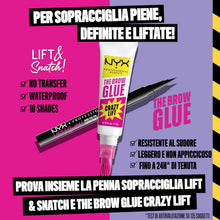 Carica l'immagine nel visualizzatore di Gallery, NYX Professional Makeup The Brow Glue Crazy Lift Gel Sopracciglia, Sopracciglia Effetto Laminazione e Fissate, Fino a 24h di Tenuta, Resistente al Sudore, Formula Vegana, 7 ml