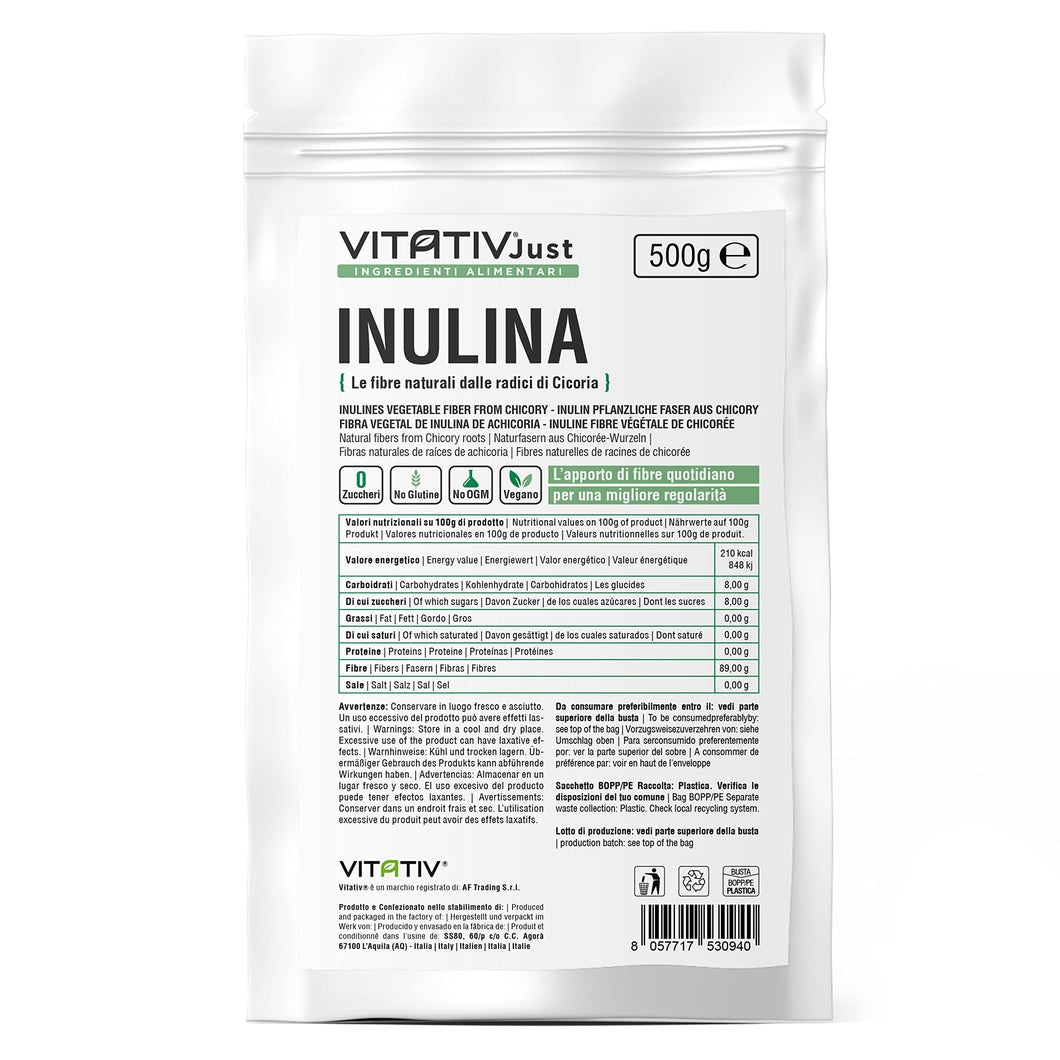 VITATIV Inulina da Cicoria in Polvere Pura 500g | Fibra Vegetale Prebiotica da Radici di Cicoria | ALTA QUALITA