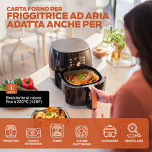 Carica l'immagine nel visualizzatore di Gallery, PORTENTUM Carta forno per friggitrice ad aria, 100 unità quadrate 20–24 cm, adatte a modelli 5–8 L