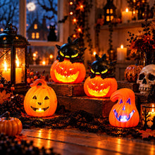 Carica l'immagine nel visualizzatore di Gallery, Zucca decorativa a LED per Halloween, 4 portacandele a forma di zucca per
