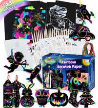 Carica l'immagine nel visualizzatore di Gallery, Smarkids Fogli da Disegno, 143 Arcobaleno Scratch Painting Paper Set Grattare Artistico per Bambini, 60 Fogli Nera Carta 20 Stilo 4 Stencil 1 Pennello Morbido