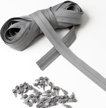 Carica l'immagine nel visualizzatore di Gallery, IPEA Cerniera Lampo Catena Continua misura #3 Grigia - [ 5 METRI + 15 CURSORI IN METALLO ] - Made in Italy - Zip Ritagliabile per Cucito, Abbigliamento, Accessori - Larghezza 30 mm - Grigio