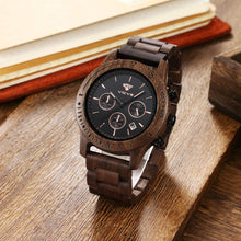 Carica l'immagine nel visualizzatore di Gallery, VICVS Orologio da uomo in legno, orologio da uomo Pterocarpus soyauxii in noce nero, cronografo multifunzione con cinturino in legno, adatto a qualsiasi polso (Walnut)