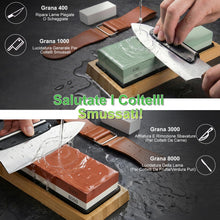 Carica l'immagine nel visualizzatore di Gallery, Pietra Affilacoltelli Giapponese 8-in-1 – Set 400/1000 &amp; 3000/8000 per Affilare Coltelli, Supporto Antiscivolo in Bambù,