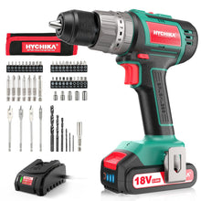 Carica l'immagine nel visualizzatore di Gallery, Trapano Avvitatore Batteria 18V, HYCHIKA Brushless 60Nm Trapano a Percussione, 2.0Ah Batteries, 53 Accessori, Caricatore Rapido, 21+3 Coppie, 2 Velocità Variabile, 0-500/0-2000 RPM