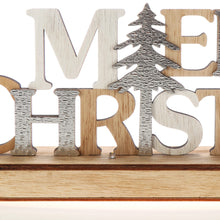 Carica l'immagine nel visualizzatore di Gallery, COM-FOUR® Scritta natalizia illuminata LED su base in legno - scritta decorativa da posare per Natale - luce d'atmosfera con timer (color argento)