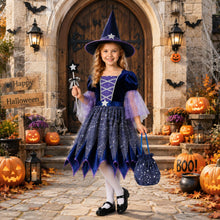 Carica l'immagine nel visualizzatore di Gallery, Costume da Strega Stelle Blu, Vestito Strega Halloween Completo con Cappello, Bacchetta Magica e Borsa, Costume Cosplay 