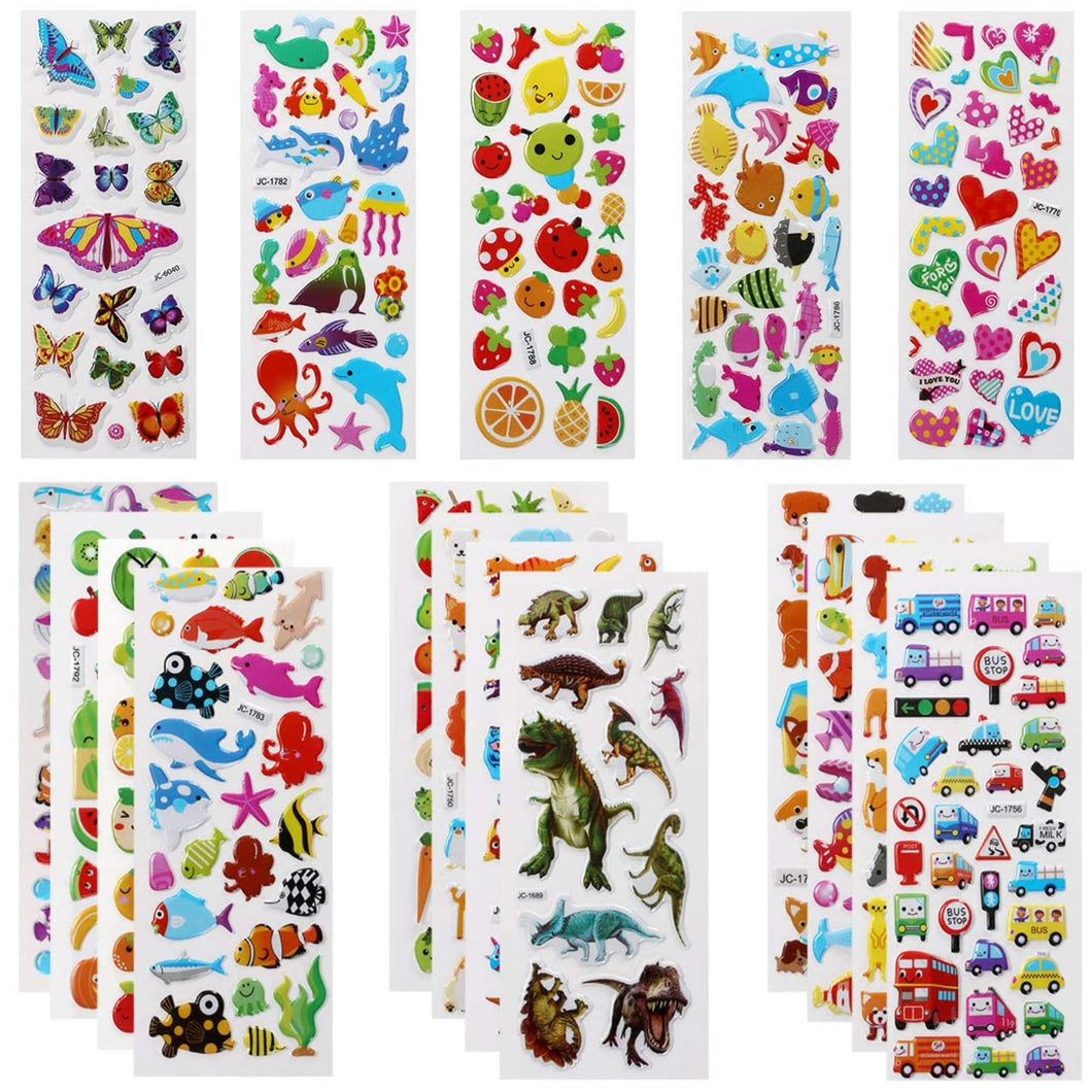 Vicloon Adesivi per Bambini 550+ Adesivi 3D, Puffy Adesivi per Regali Gratificanti Scrapbooking Inclusi Animali, Pesci, Dinosauri, Numeri, Frutta, Camion, Aeroplani e Altro(22 Fogli)