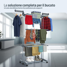 Carica l'immagine nel visualizzatore di Gallery, PORTENTUM Stendino verticale salvaspazio pieghevole con 4 livelli e 24 barre di stenditura – Fino a 40 kg – Stendibiancheria con 2 accessori per calzini e 2 ali laterali – Ruote girevoli con freno