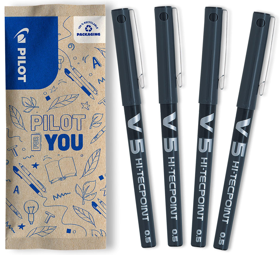 PILOT - Set di 4 V5 - Penna roller con Inchiostro liquido e punta Fine per una scrittura fluida e precisa - Asciugatura rapida, non sanguina - Nero - Punta Fine (0,5 mm)