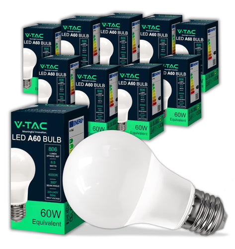 V-TAC 10x Lampadine LED con Attacco E27 8,5W (Equivalenti a 60W) A60 - Lampadine di Nuova Generazione - 806 Lumen - Massima Efficienza e Risparmio Energetico - 4000K Luce Bianca Naturale