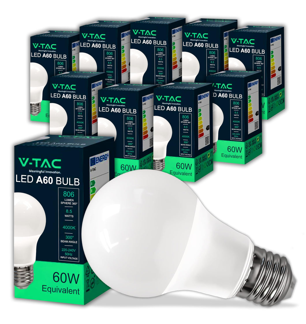 V-TAC 10x Lampadine LED con Attacco E27 8,5W (Equivalenti a 60W) A60 - Lampadine di Nuova Generazione - 806 Lumen - Massima Efficienza e Risparmio Energetico - 4000K Luce Bianca Naturale