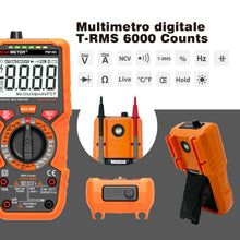 Carica l'immagine nel visualizzatore di Gallery, Multimetro digitale con 6000 conteggi, Amperemetro Ohmmetro Voltmetro TRMS, Misura la resistenza alla corrente di tensione Diodo Continuità Temperatura Frequenza NCV con display LCD e torcia elettrica