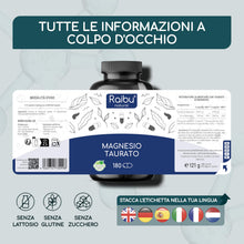 Carica l'immagine nel visualizzatore di Gallery, Magnesio Taurato, 180 Capsule - 2750 mg per dose (240 mg di Magnesio Elementare) - Per Muscoli e Sistema Nervoso* - Form