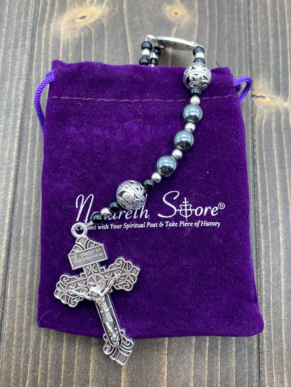 Rosario In Ematite Nera 8 Mm Con Croce In Acciaio, 55 Cm, Fatto A Mano, Per Uomo O Donna