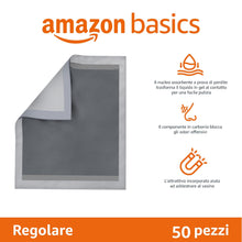 Carica l&#39;immagine nel visualizzatore di Gallery, Amazon Basics Tappetini al carbone con controllo degli odori per l&#39;addestramento di cani e cuccioli,prova di perdite con superficie ad asciugatura rapida,dimensione XL, confezione da 50, grigio